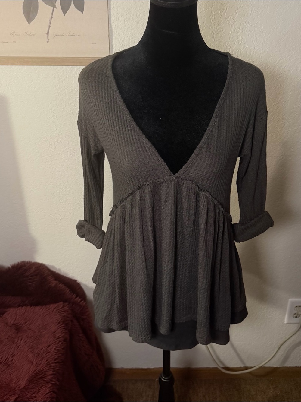 Dark Olive Green V-Neck Peplum Babydoll Knit Top